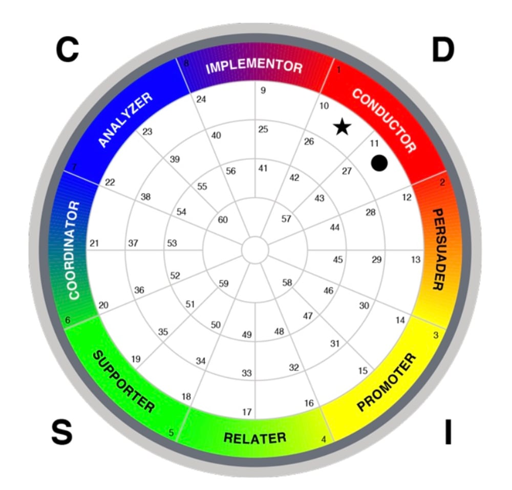 DISC assessment.  DISC behaviors wheel showing 
